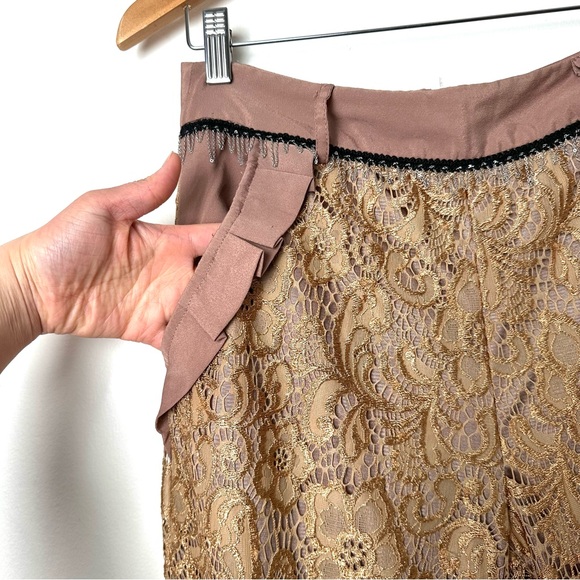 Lanvin Copper Lace Overlay Cropped Pants with Chain Belt and Ruffled Pockets - Picture 3 of 11